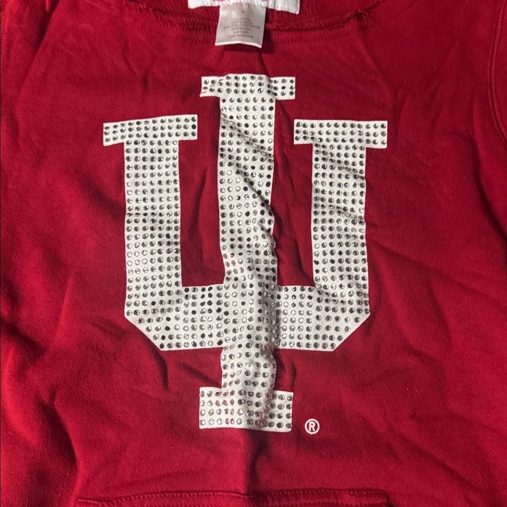 Red IU Sweatshirt with Striped Sleeves bedazzled small - Picture 2 of 2